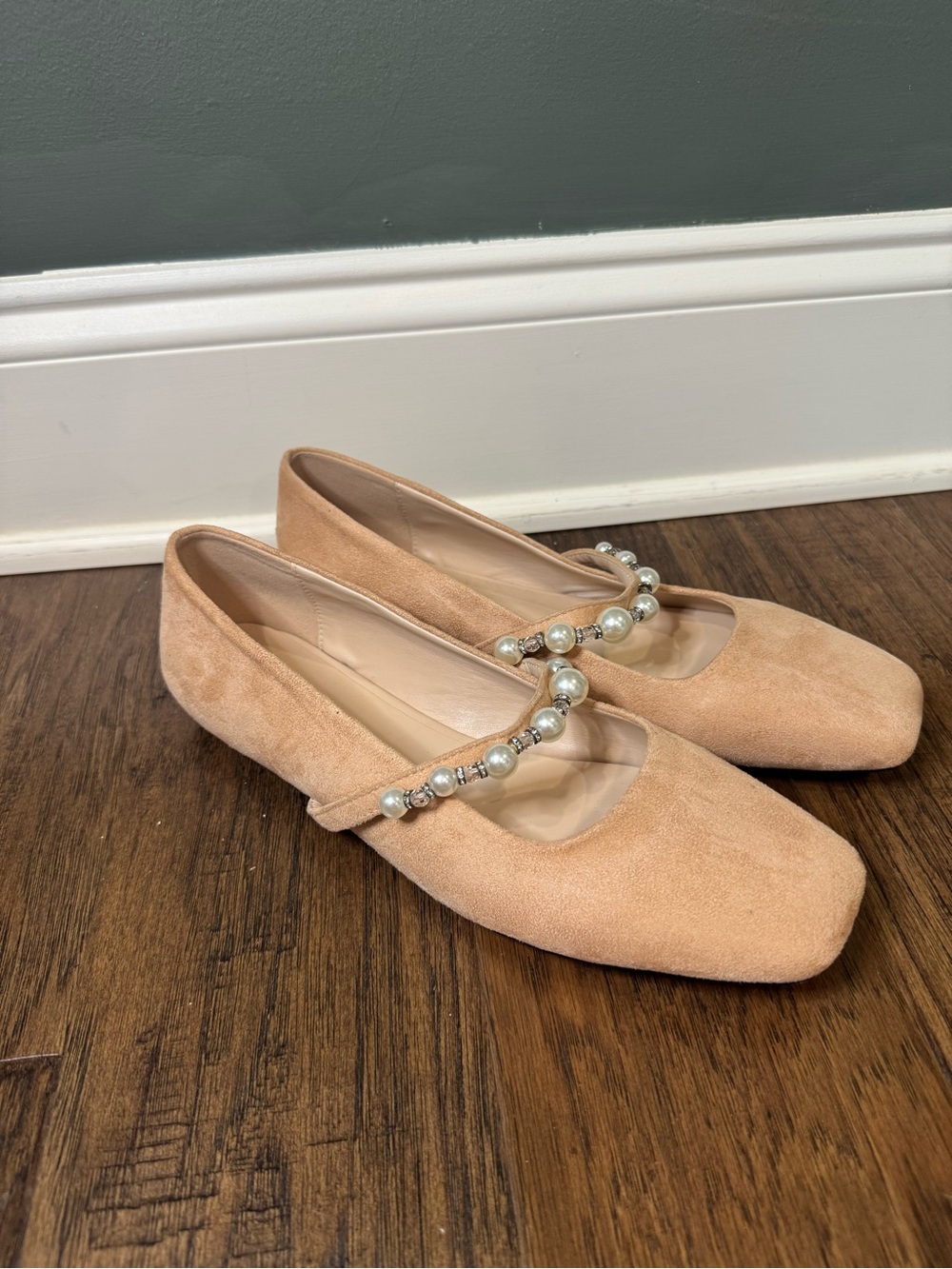 Pearl-Trim Suede Mary Jane Ballet Flats in Nude